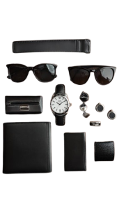 Men's Accessories: "Minimalist men's accessories: wristwatch, sunglasses, and belt